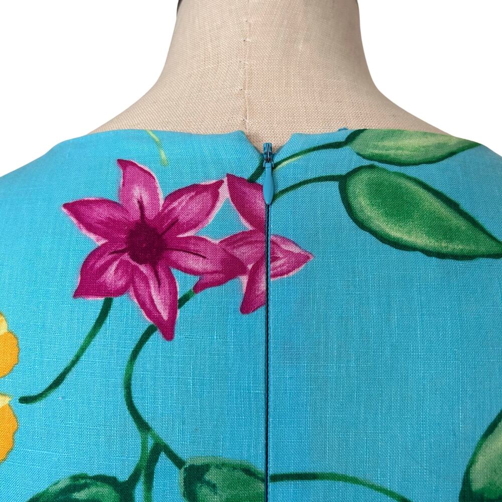 Talbots Blue Floral 100% Linen dress Womens Sz 4 Sheath Sleeveless Summer Party - Picture 10 of 16